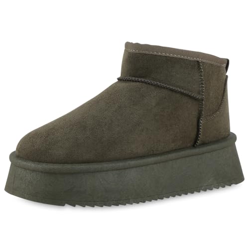 VAN HILL Damen Warm Gefütterte Plateau Boots Profil-Sohle Plateau-Schuhe 213939 Dunkelgrün Trendy 37 von VAN HILL