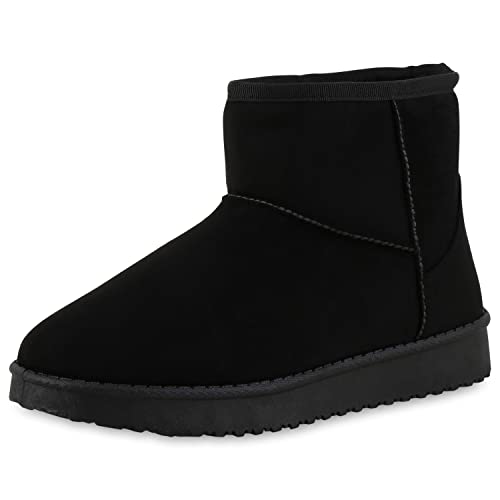 VAN HILL Damen Warm Gefütterte Winter Boots Flache Freizeit Stiefeletten Bequeme Profilsohle Schuhe Schlupfschuhe 210960 Schwarz 37 von VAN HILL