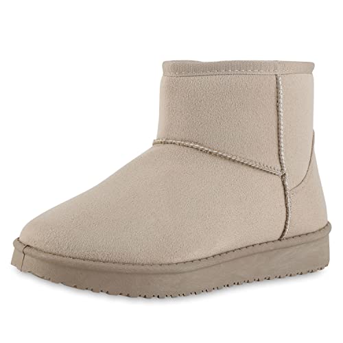 VAN HILL Damen Warm Gefütterte Winter Boots Flache Freizeit Stiefeletten Bequeme Profilsohle Schuhe Schlupfschuhe 210962 Beige 38 von VAN HILL