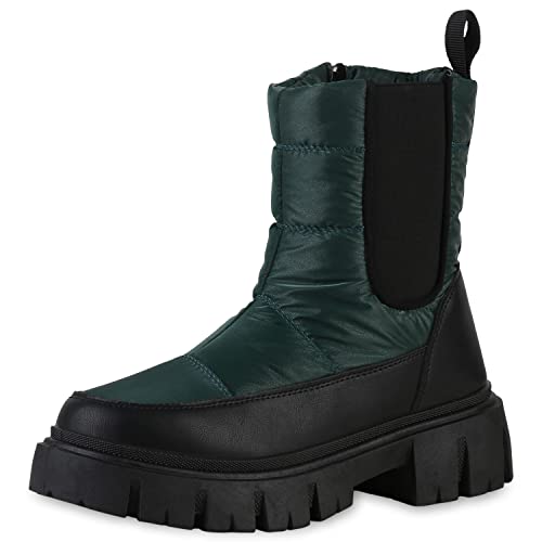 VAN HILL Damen Warm Gefütterte Winter Boots Gesteppte Schuhe Blockabsatz Stiefel Plateau Vorne Stiefeletten Profilsohle Booties 210498 Dunkelgrün Schwarz 39 von VAN HILL