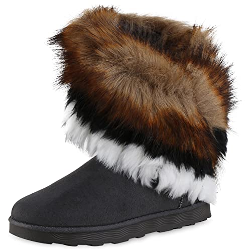 VAN HILL Damen Warm Gefütterte Winter Boots Stiefeletten Bequeme Kunstfell Schuhe Flache Profilsohle Stiefel Schlupfschuhe 208904 Grau 37 von VAN HILL