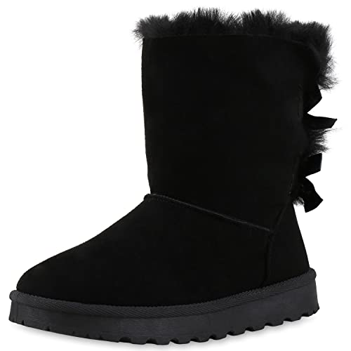 VAN HILL Damen Warm Gefütterte Winter Boots Stiefeletten Bequeme Kunstfell Schuhe Flache Schleifen Stiefel Profilsohle Booties 209776 Schwarz 38 von VAN HILL