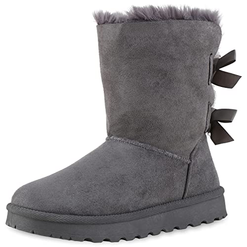 VAN HILL Damen Warm Gefütterte Winter Boots Stiefeletten Bequeme Kunstfell Schuhe Flache Schleifen Stiefel Profilsohle Booties 209777 Grau 40 von VAN HILL