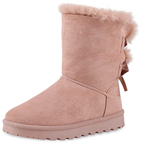 VAN HILL Damen Warm Gefütterte Winter Boots Stiefeletten Bequeme Kunstfell Schuhe Flache Schleifen Stiefel Profilsohle Booties 209778 Rosa 38 von VAN HILL