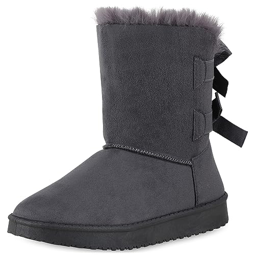 VAN HILL Damen Warm Gefütterte Winter Boots Stiefeletten Bequeme Kunstfell Schuhe Flache Schleifen Stiefel Profilsohle Booties 611505 Grau 38 von VAN HILL