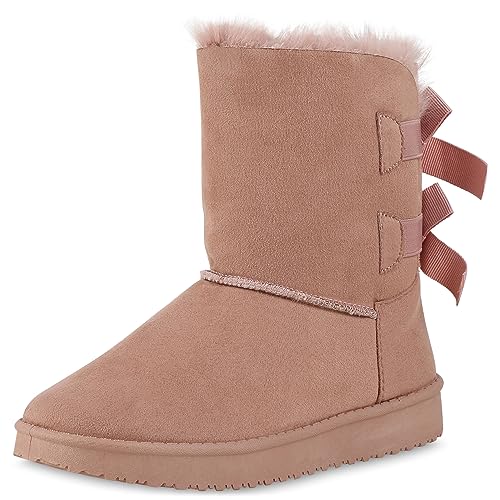 VAN HILL Damen Warm Gefütterte Winter Boots Stiefeletten Bequeme Kunstfell Schuhe Flache Schleifen Stiefel Profilsohle Booties 611507 Rosa 37 von VAN HILL