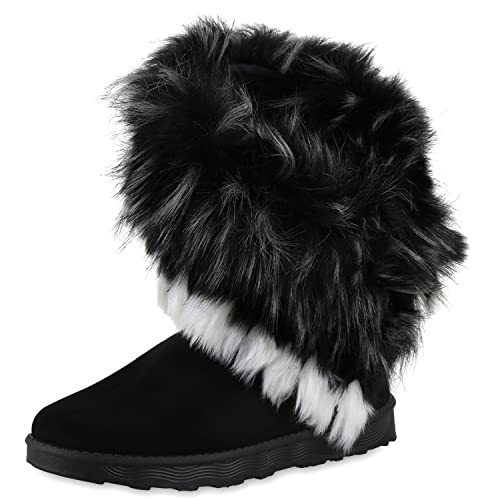 VAN HILL Damen Warm Gefütterte Winter Boots Stiefeletten Flache Schuhe Bequeme Kunstfell Booties Profilsohle Schlupfschuhe 208899 Schwarz 38 von VAN HILL