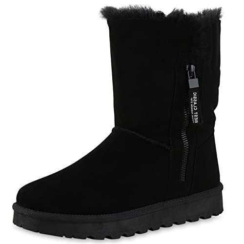 VAN HILL Damen Warm Gefütterte Winter Boots Stiefeletten Flache Zipper Schuhe Bequeme Profilsohle Booties Kunstfell Winterschuhe 209054 Schwarz 39 von VAN HILL