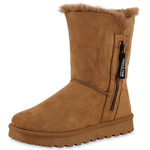 VAN HILL Damen Warm Gefütterte Winter Boots Stiefeletten Flache Zipper Schuhe Bequeme Profilsohle Booties Kunstfell Winterschuhe 209055 Hellbraun 39 von VAN HILL