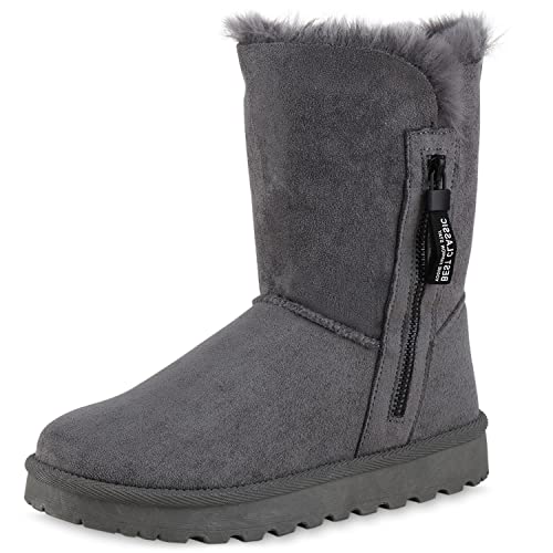 VAN HILL Damen Warm Gefütterte Winter Boots Stiefeletten Flache Zipper Schuhe Bequeme Profilsohle Booties Kunstfell Winterschuhe 209056 Grau 37 von VAN HILL