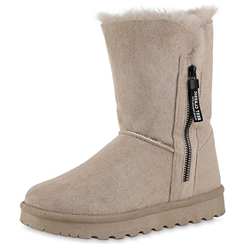 VAN HILL Damen Warm Gefütterte Winter Boots Stiefeletten Flache Zipper Schuhe Bequeme Profilsohle Booties Kunstfell Winterschuhe 209057 Beige 39 von VAN HILL