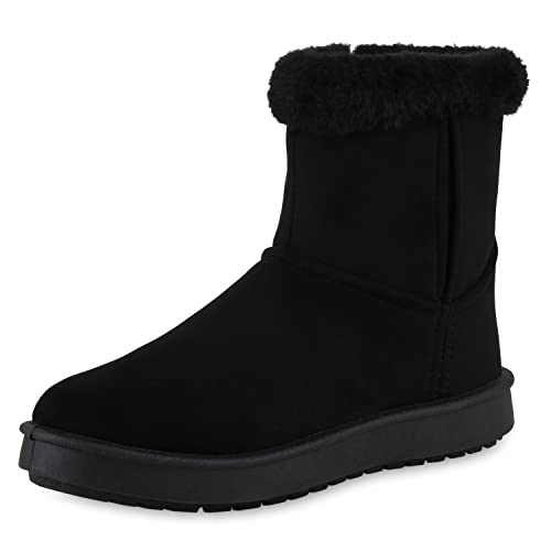 VAN HILL Damen Warm Gefütterte Winter Boots Stiefeletten Kunstfell Schuhe Flache Winterschuhe Bequeme Freizeit Booties 210594 Schwarz 36 von VAN HILL