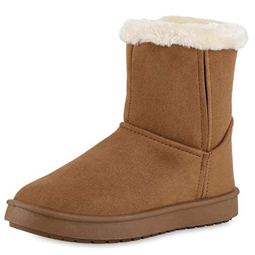 VAN HILL Damen Warm Gefütterte Winter Boots Stiefeletten Kunstfell Schuhe Flache Winterschuhe Bequeme Freizeit Booties 210595 Hellbraun 36 von VAN HILL