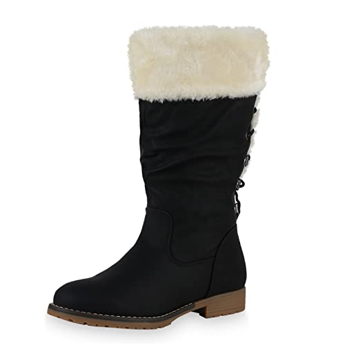 VAN HILL Damen Warm Gefütterte Winterstiefel Bequeme Kunstfell Schuhe Profilsohle Schnürer Blockabsatz Winterschuhe 610462 Schwarz Noir 36 von VAN HILL