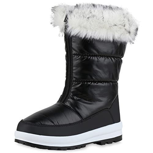 VAN HILL Damen Warm Gefütterte Winterstiefel Gesteppte Winter Booties Flache Stiefel Bequeme Kunstfell Schuhe 210916 Schwarz 38 von VAN HILL