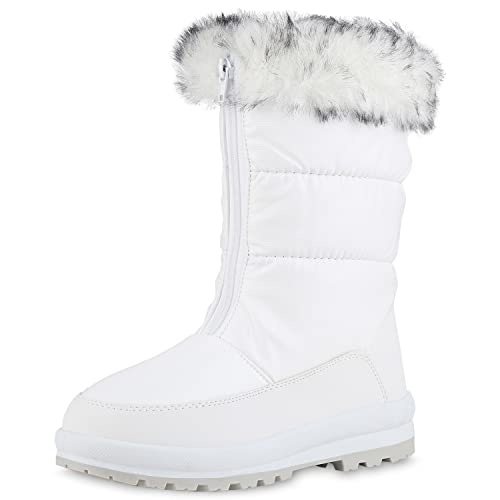 VAN HILL Damen Warm Gefütterte Winterstiefel Gesteppte Winter Booties Flache Stiefel Bequeme Kunstfell Schuhe 210919 Weiss 39 von VAN HILL