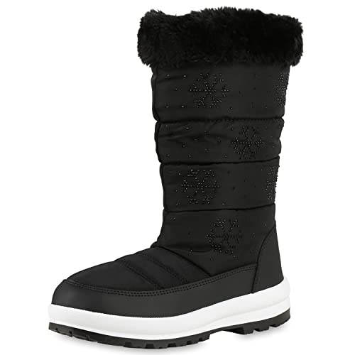 VAN HILL Damen Warm Gefütterte Winterstiefel Stiefel Bequeme Strass Schuhe Gesteppte Outdoor Blockabsatz Prints Boots 202783 Schwarz Muster 40 von VAN HILL