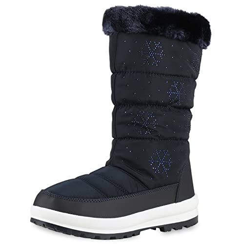 VAN HILL Damen Warm Gefütterte Winterstiefel Stiefel Bequeme Strass Schuhe Gesteppte Outdoor Blockabsatz Prints Boots 202784 Dunkelblau Muster 38 von VAN HILL