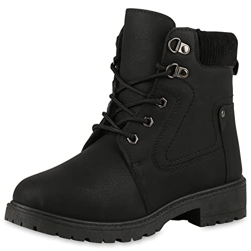 VAN HILL Damen Warm Gefütterte Worker Boots Stiefeletten Profilsohle Schuhe Blockabsatz Schnürer Bequeme Winter Booties 202196 Schwarz 38 von VAN HILL