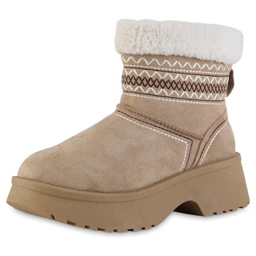 VAN HILL Damen Winter Boots Blockabsatz Kunstfell Bequem Schuhe 217774 Khaki 37 von VAN HILL