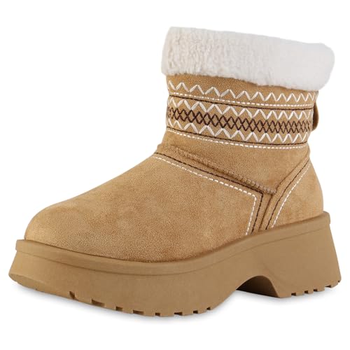 VAN HILL Damen Winter Boots Blockabsatz Kunstfell Bequem Schuhe 217776 Hellbraun 38 von VAN HILL