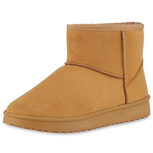 VAN HILL Damen Winter Boots Blockabsatz Profilsohle Bequem Schuhe 213475 Hellbraun 36 von VAN HILL