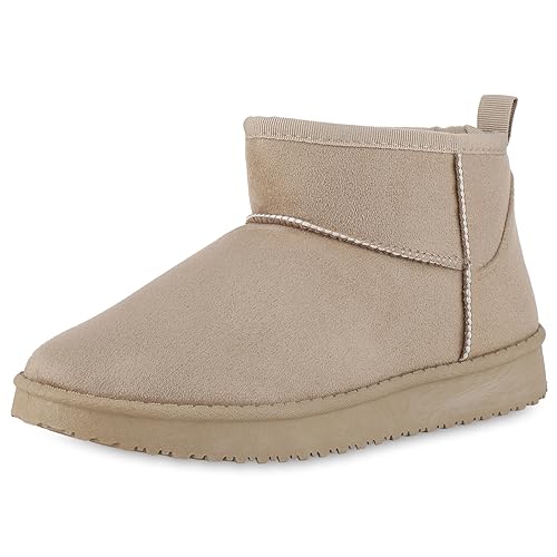 VAN HILL Damen Winter Boots Flach Profilsohle Bequem Schuhe 213479 Beige 37 von VAN HILL