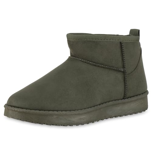 VAN HILL Damen Winter Boots Flach Profilsohle Bequem Schuhe 214130 Olivgrün 37 von VAN HILL