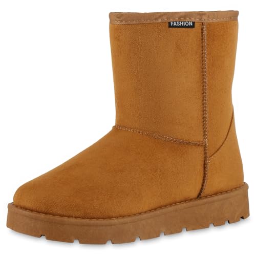 VAN HILL Damen Winter Boots Flach Profilsohle Bequem Schuhe 216557 Hellbraun Camel 37 von VAN HILL