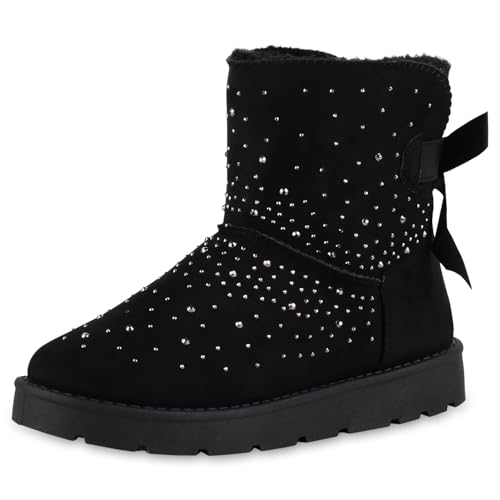 VAN HILL Damen Winter Boots Flach Strass Bequem Schuhe 216558 Schwarz Silber 39 von VAN HILL
