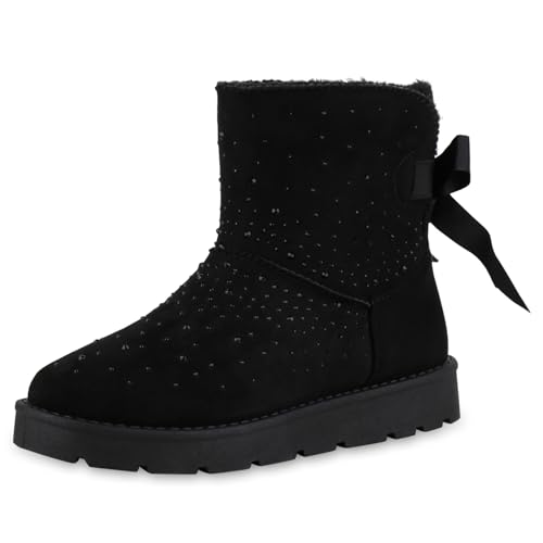 VAN HILL Damen Winter Boots Flach Strass Bequem Schuhe 216559 Schwarz Robust 39 von VAN HILL