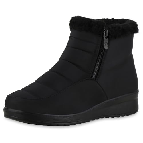 VAN HILL Damen Winter Boots Keilabsatz Kunstfell Bequem Schuhe 216295 Schwarz 36 von VAN HILL