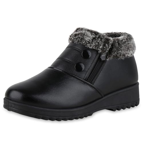 VAN HILL Damen Winter Boots Keilabsatz Kunstfell Bequem Schuhe 216298 Schwarz 36 von VAN HILL