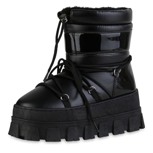 VAN HILL Damen Winter Boots Keilabsatz Lack Bequem Schuhe 216255 Schwarz Lack 36 von VAN HILL