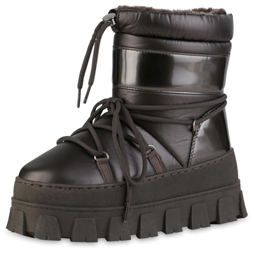 VAN HILL Damen Winter Boots Keilabsatz Lack Bequem Schuhe 216256 Grau Metallic 40 von VAN HILL