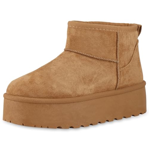 VAN HILL Damen Winter Boots Keilabsatz Plateau Vorne Bequem Schuhe 213875 Hellbraun Plateau 37 von VAN HILL