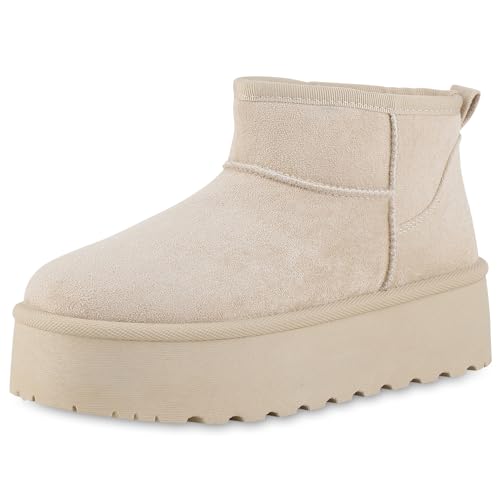 VAN HILL Damen Winter Boots Keilabsatz Plateau Vorne Bequem Schuhe 213893 Beige Plateau 40 von VAN HILL