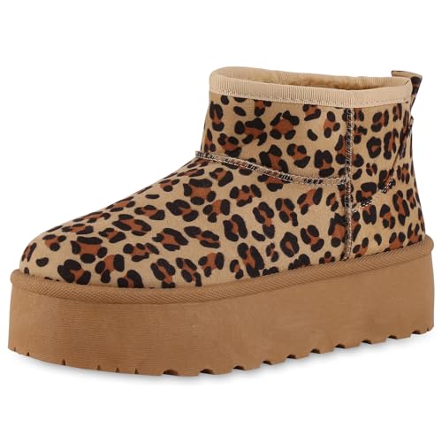 VAN HILL Damen Winter Boots Keilabsatz Plateau Vorne Bequem Schuhe 213894 Hellbraun Leo Plateau 39 von VAN HILL