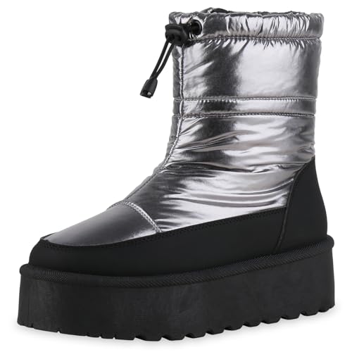 VAN HILL Damen Winter Boots Plateau Gesteppt Bequem Schuhe 216528 Grau Metallic Robust 39 von VAN HILL