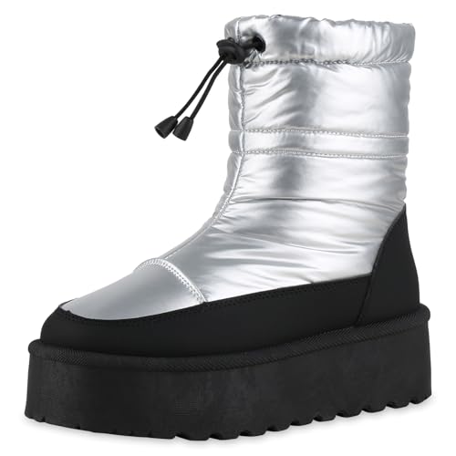 VAN HILL Damen Winter Boots Plateau Gesteppt Bequem Schuhe 216529 Silber Robust 40 von VAN HILL