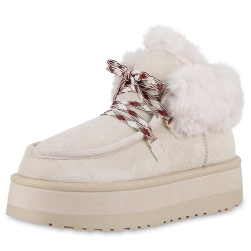 VAN HILL Damen Winter Boots Plateau Kunstfell Bequem Schuhe 216322 Beige 36 von VAN HILL