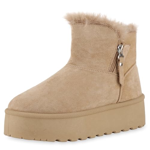 VAN HILL Damen Winter Boots Plateau Kunstfell Bequem Schuhe 216521 Khaki Zipper 36 von VAN HILL