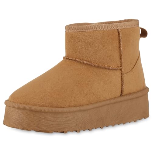 VAN HILL Damen Winter Boots Plateau Profilsohle Bequem Schuhe 213815 Hellbraun Robust 38 von VAN HILL