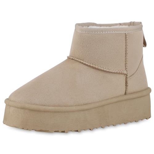 VAN HILL Damen Winter Boots Plateau Profilsohle Bequem Schuhe 213817 Beige Robust 38 von VAN HILL