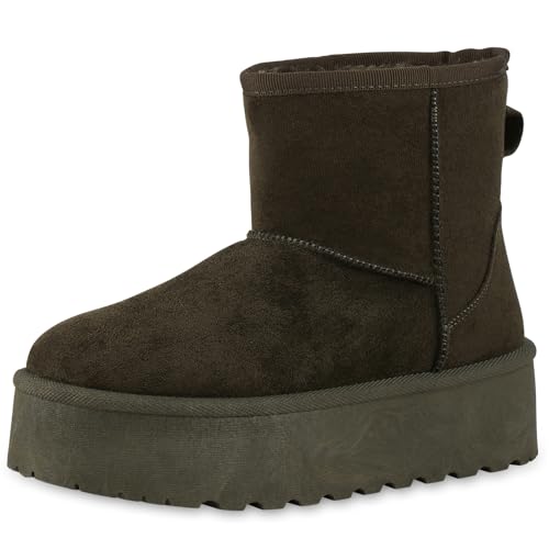 VAN HILL Damen Winter Boots Plateau Profilsohle Bequem Schuhe 213889 Olivgrün Robust 41 von VAN HILL