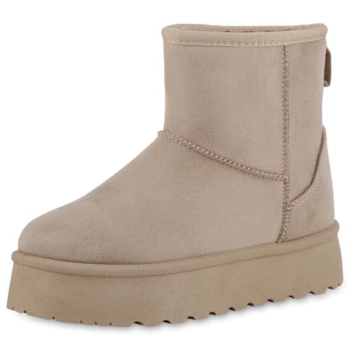 VAN HILL Damen Winter Boots Plateau Profilsohle Bequem Schuhe 213900 Khaki High 39 von VAN HILL