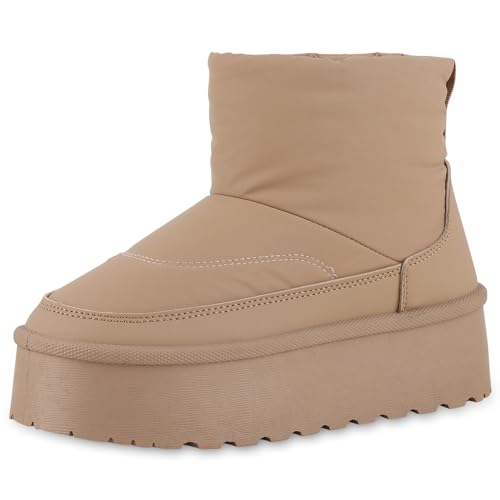 VAN HILL Damen Winter Boots Plateau Profilsohle Bequem Schuhe 213912 Hellbraun Lack 41 von VAN HILL