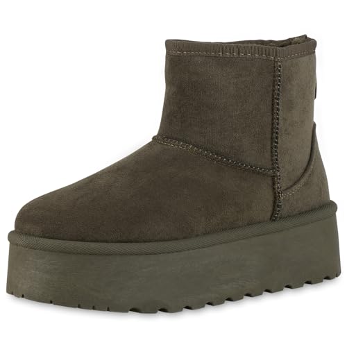 VAN HILL Damen Winter Boots Plateau Profilsohle Bequem Schuhe 214060 Olivgrün Robust 36 von VAN HILL