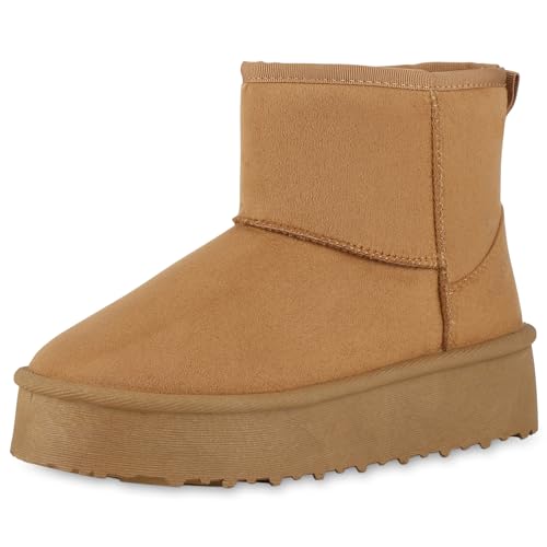 VAN HILL Damen Winter Boots Plateau Profilsohle Bequem Schuhe 214092 Hellbraun Bequem 38 von VAN HILL