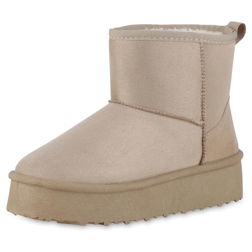 VAN HILL Damen Winter Boots Plateau Profilsohle Bequem Schuhe 214318 Beige 38 von VAN HILL